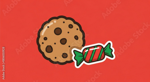 Chocolate chip cookie and wrapped candy isolated on