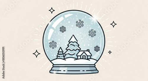 Snow globe with house and trees inside, winter holiday vector illustration