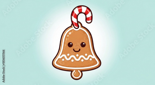 Cute gingerbread bell with candy cane isolated on a light blue background