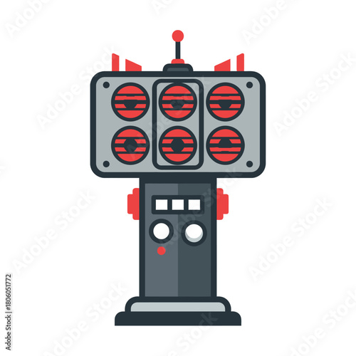 Vintage retro futuristic robot sci-fi entertainment game machine with multiple screens and controls