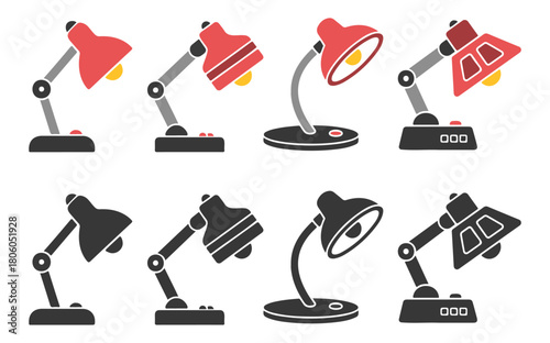 Desk lamps in various designs  Modern and classic, some illuminated, presented in both color and black and white.