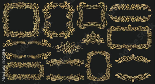 Collection of Elegant Vintage Golden Frames and Decorative Elements for Design