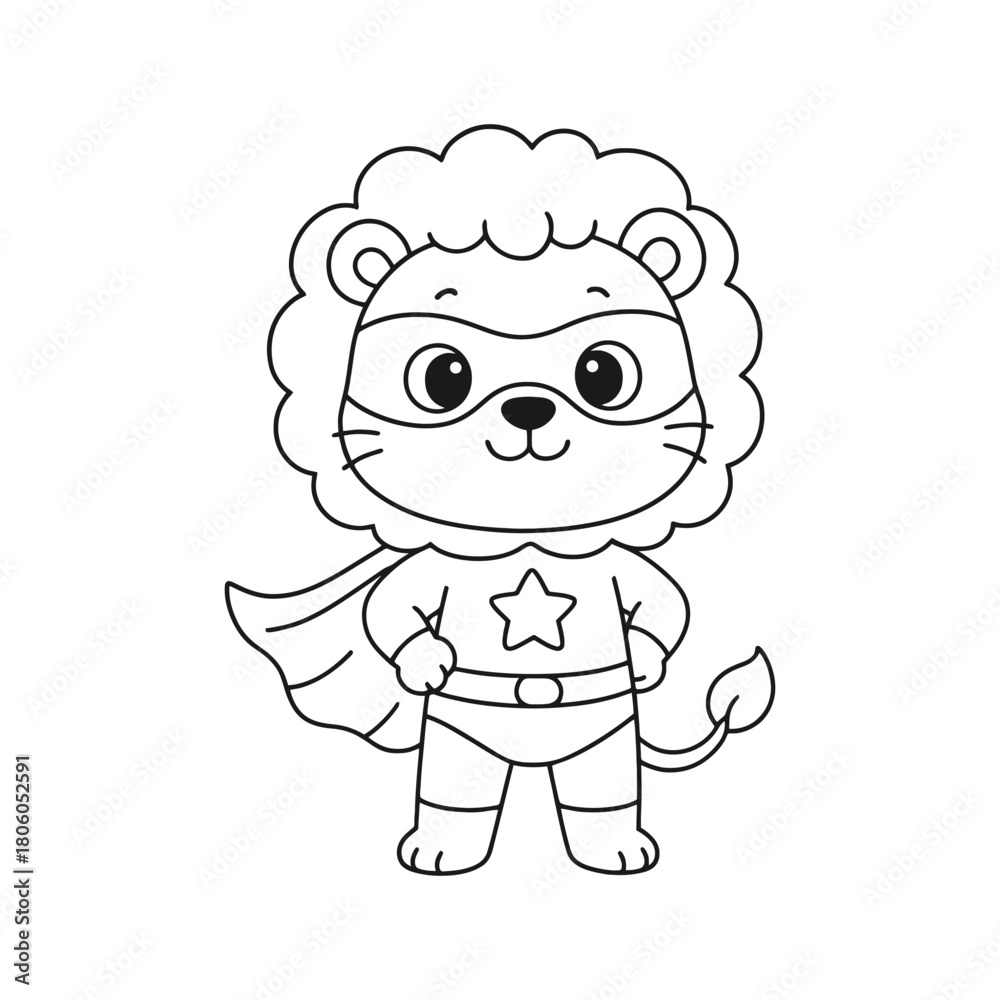 Fototapeta premium Cute lion superhero coloring page for kids