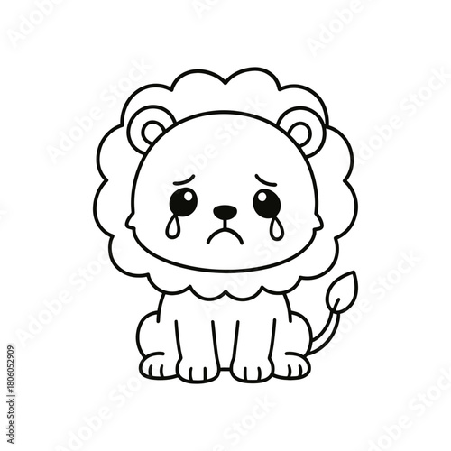 Sad cartoon lion cub crying tears vector illustration isolated on white