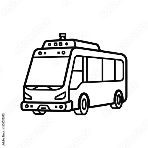 Line art illustration of a modern autonomous city bus, representing smart public transportation and future urban mobility solutions, ideal for design concepts and infographics