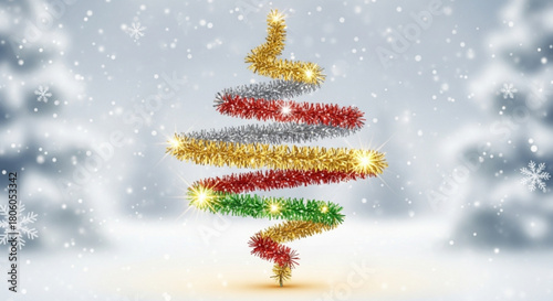 Christmas tree made of tinsel on a snowy background for holiday season