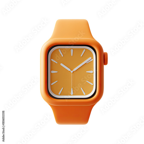 Orange smart watch rendered on a black background, displaying a minimalist analog clock face