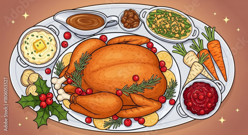 Thanksgiving turkey dinner with side dishes on a platter