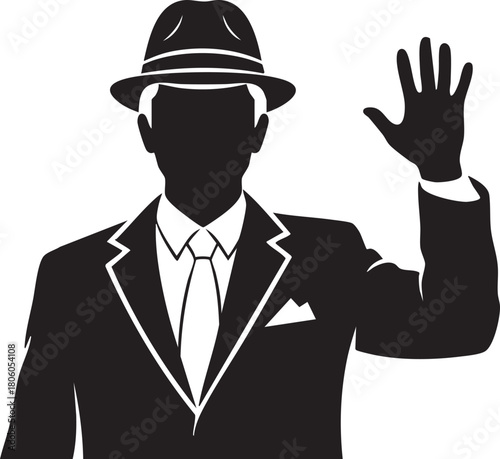 A sophisticated silhouette of a classic gentleman in a stylish fedora hat and crisp suit, raising a hand in a warm greeting or acknowledgment, embodying timeless elegance, an air of refined mystery, a