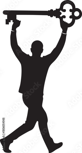 Dynamic silhouette of a triumphant person holding a large vintage skeleton key overhead, symbolizing the discovery of crucial solutions and the unlocking of new opportunities, representing success, pr