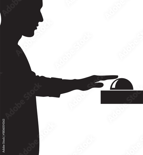 A minimalist black and white silhouette of a person pressing a button. This graphic illustration symbolizes making a choice, taking action, or initiating a new business venture.