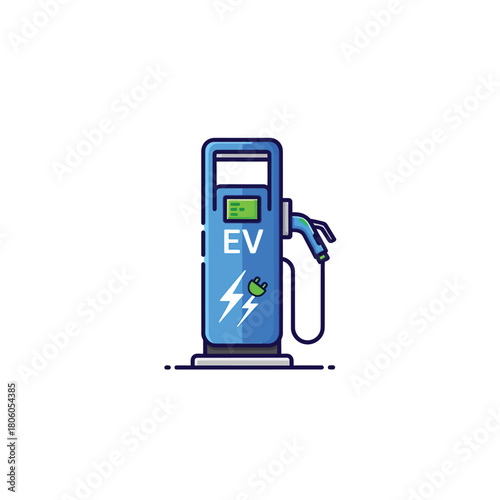 Flat line illustration of an EV charging pump for electric cars, symbolizing clean energy, sustainable mobility, and green transportation