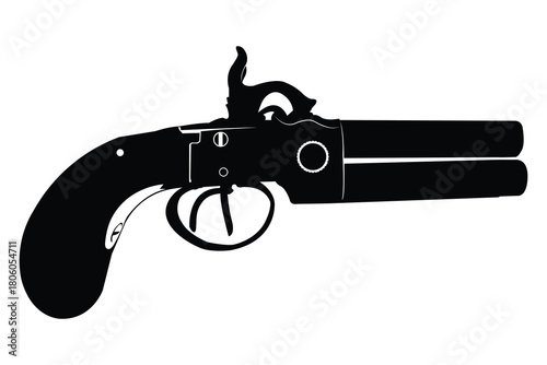 Classic black powder pistol outline, Vintage Antique, double-barrel, Old style percussion-cap derringer or pocket pistol silhouette vector, Retro dual barrel firearm silhouette art.eps