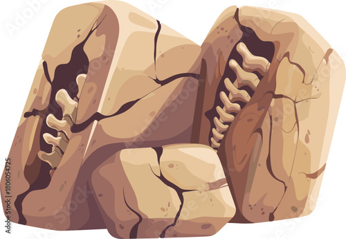 Fossilized Vertebrae Bones Embedded in Ancient Cracked Rock Vector