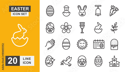 Easter icon set. Rabbit, egg, hunt, ornament, ear and more line icon.
