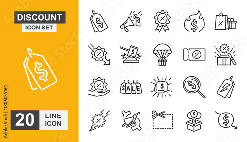Discount icon set. Price, sale, coupon, badge, specials, offer and more line icon.
