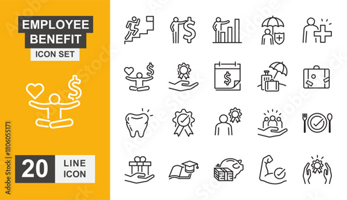 Employee benefit icon set. Insurance, management, job, mobility and more line icon.
