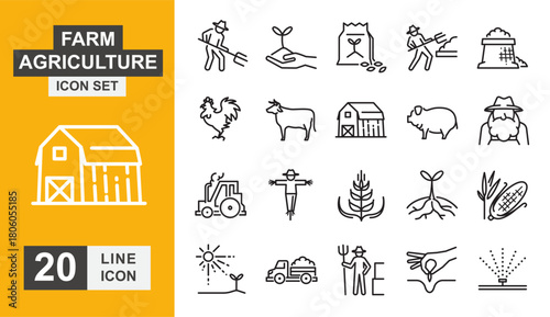 Farm agriculture icon set. Windmill, sheep, pig, cow, farmhouse and more line icon.