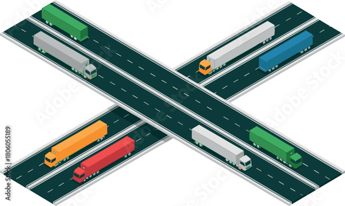 Freight Transportation on Highway Interchange - Isometric Illustration of Semi-Trucks on Roads and Logistics