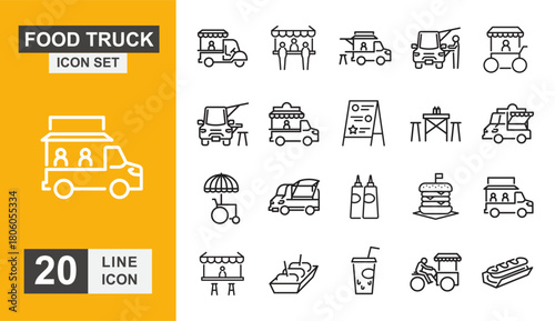 Food truck icon set. Van, transportation, catering and more line icon.