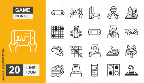 Game icon set. Console, pad, player, computer, button, monitor and more line icon.