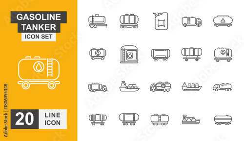 Gasoline tanker icon set. Industry, energy, storage, distribution, engineer and more line icon.