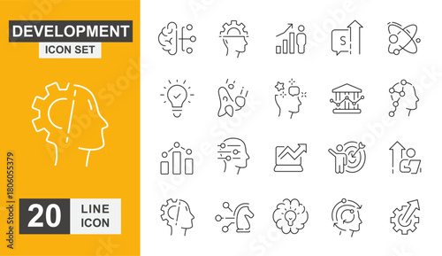 Development icon set. Operation, plan, process, network, project and more line icon.