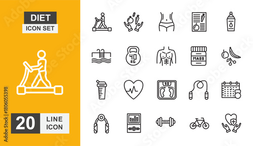 Diet icon set. Jogging, supplement, meditation, health care, bicep, training and more line icon.