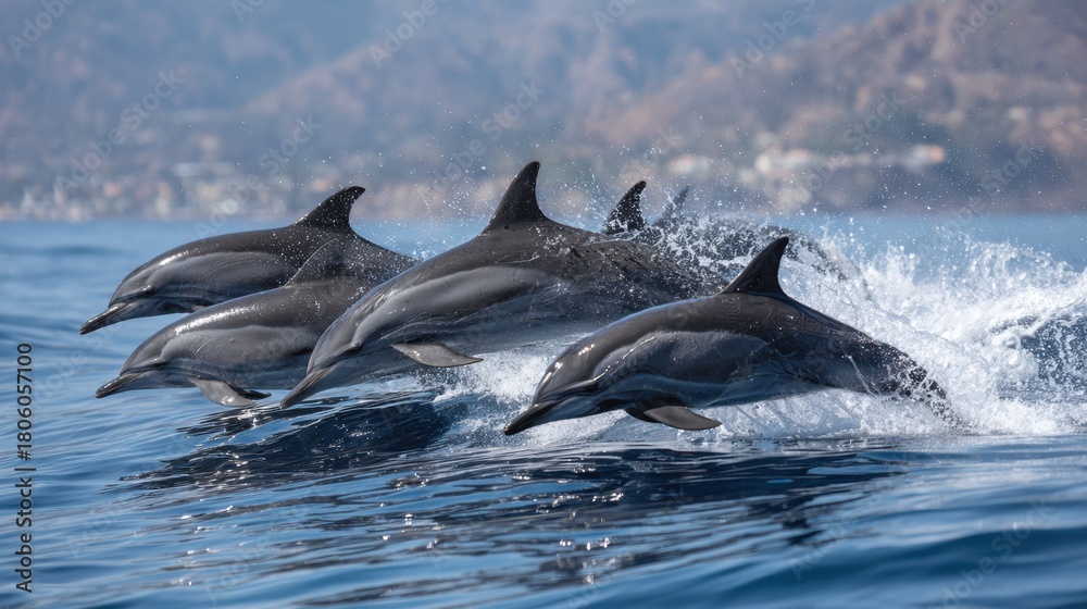 Fototapeta premium Group of dolphins leaps joyfully above the surface of the ocean, creating splashes against the backdrop of sunny California. The scene captures their playful nature and agility.