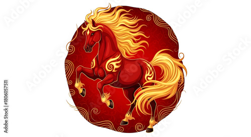 Majestic red horse rearing, golden flame mane and tail, ornate artistic illustration