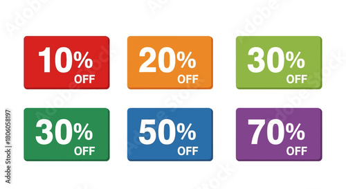 Six colorful discount tags displaying percentages off in white text arranged in two rows
