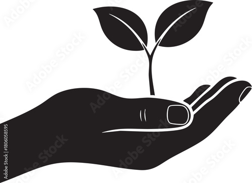 Powerful black and white silhouette illustrating a hand tenderly supporting a fragile plant sprout, symbolizing new beginnings, environmental stewardship, sustainable development, and the vital act of
