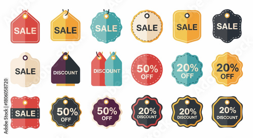 Assorted salediscount tags are displayed in colorful geometric shapes with SALE DISCOUNT and percentage discount texts