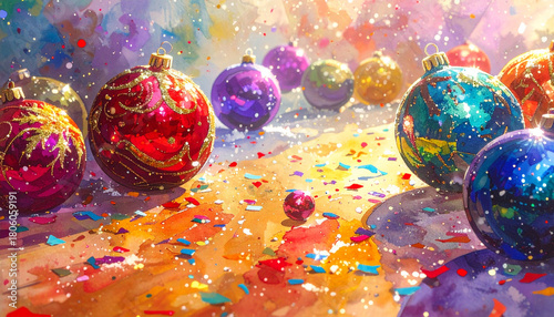 Christmas ornament ball decoration with colorful confetti on bright background, festive holiday celebration with shiny glitter and vibrant colors creating joyful atmosphere