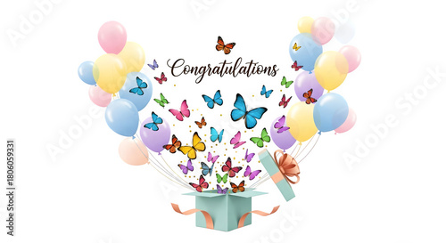 Pastel balloons and flying butterflies burst from a gift box with 'congratulations' text