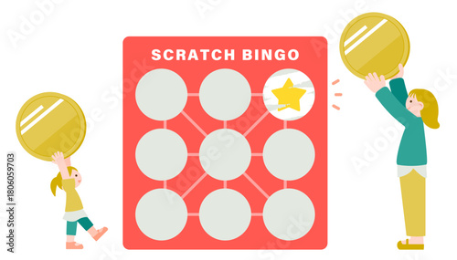 スクラッチビンゴを楽しむ親子のイラスト