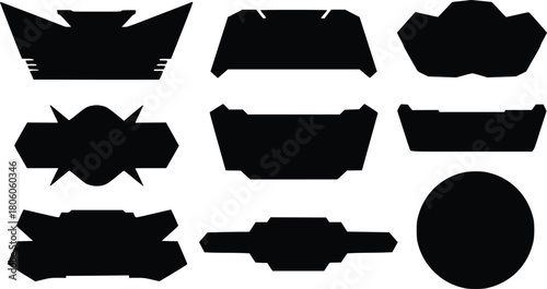 Abstract Badge Icon Set – 9 Black Silhouettes with Geometric Emblem Designs for Merch and UI Graphics