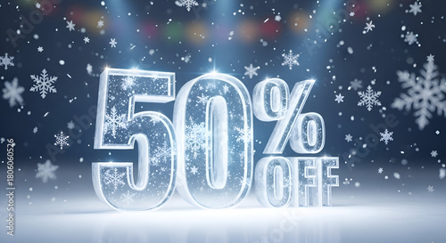 Happy New Year Merry Christmas Eve 2026 Fifty Percent Off Discount Cold Ice Glass Text Design Winter Season Promotion Advertisement Snowflakes Background Commercial Retail Banner Sale
