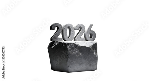 Solid stone 2026 numbers on a sturdy rock pedestal, symbolizing the new year