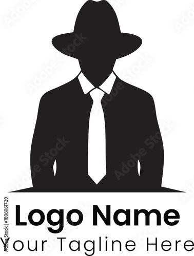Minimalist vector logo of a mysterious man in a classic fedora hat and suit. Anonymous gentleman silhouette icon for a business, security, or detective agency concept.