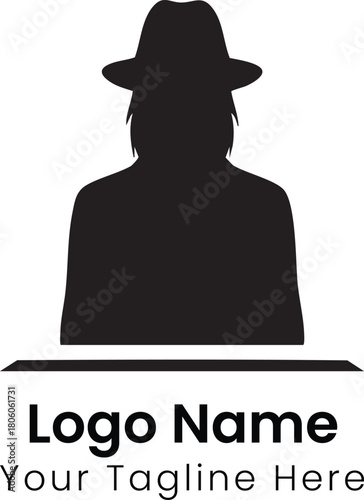 Mysterious anonymous person silhouette logo template. Vector graphic of an incognito agent in a fedora hat for brand identity or a detective business.
