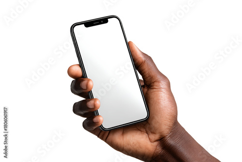 Dark Skinned Hand Holding Frameless Cellphone with White Screen Isolated on Transparent Background Digital Device Mockup, PNG