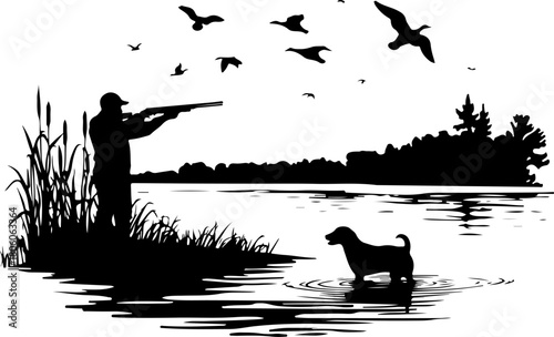 Black silhouette of a hunter and his dog hunting ducks.