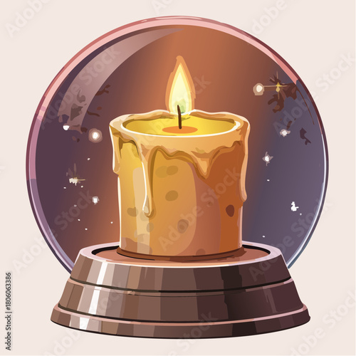 Warm glowing candle with melting wax encased in a magical crystal ball, creating a mystical and enchanting atmosphere