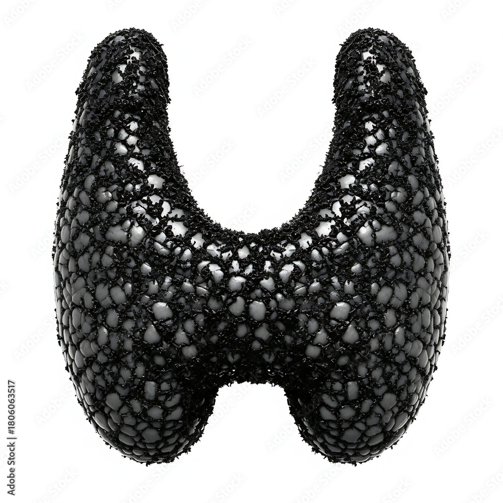Obraz premium A human thyroid gland covered in a dense, creeping black mold or fungal growth, rendered in stark monochrome, symbolizing thyroid damage or disease. Black and white fine art photography, macro texture