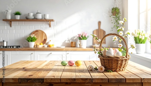 Easter basket with eggs on a wooden table in kitchen.