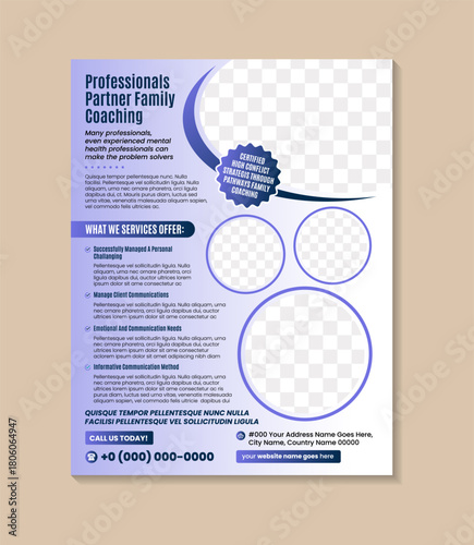 prefessionals partner family coaching flyer design template with circle shape for photo space. white purple gradient vertical layout background and element. vector illustration