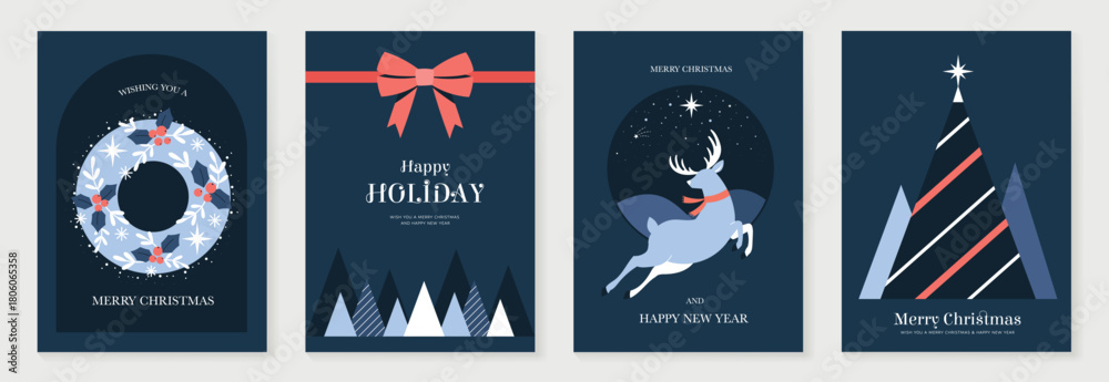 Naklejka premium Dark blue Christmas greeting card vector illustration with wreath, ribbon and reindeer — classic holiday design for cards and prints.