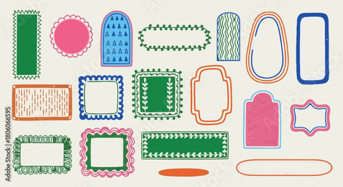 Hand drawn doodle frames set, colorful labels, decorative borders, and stickers for graphic design resources