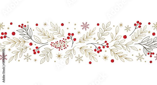 Festive Holiday Border Design with Berries, Leaves, and Snowflakes for Seasonal Celebrations
